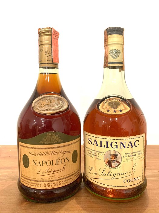 Salignac - Tres Vieille Fine Cognac Napoléon Réserve de l'Aiglon & Cognac Trois Etoiles / Three Stars - b. 1960-talet, 1980-talet - 75 cl - 2 flaskor