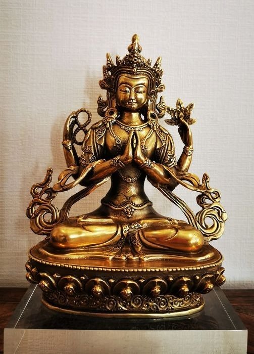 Rare China Tibet Bronze 4 Arms Kwan-yin Chenrizg Buddha Statue 