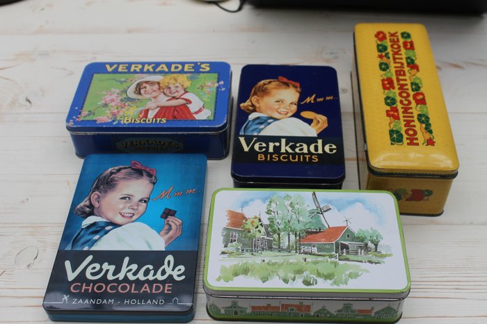 Verkade Zaandam - 裝飾Verkade蛋糕和巧克力罐子包括舊藍色 (5) - 搪瓷，錫，錫。