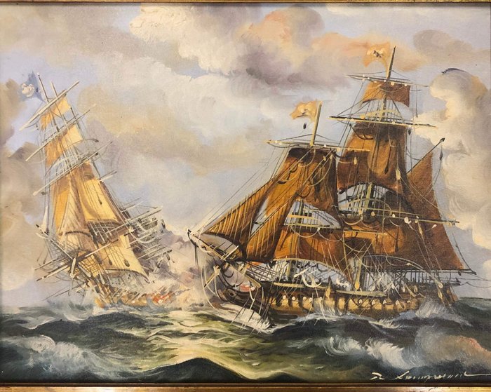 Renato Longanesi (1931-?) battaglia  navale  - splendido ed elegante olio su tela 