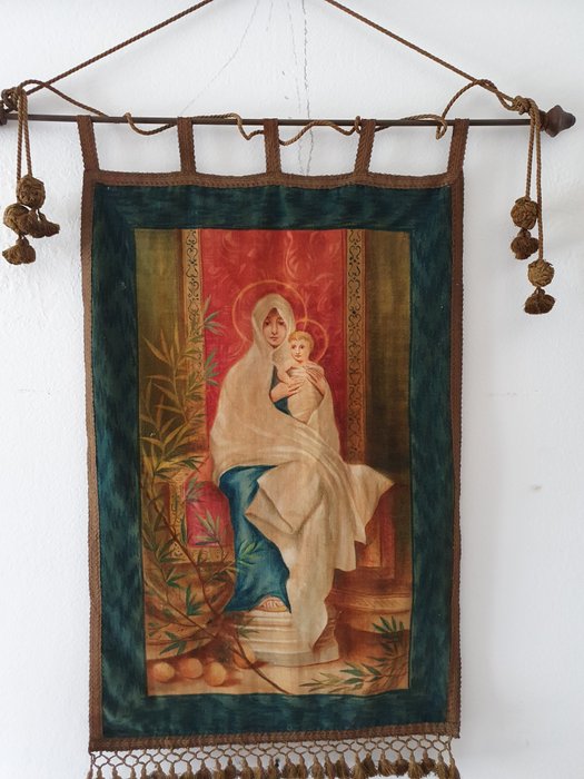 聖母與聖子 - 用草汁技術手繪在織物上 - 19世紀末