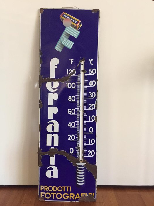 Ferrania, prodotti fotografici - Thermometer, Werbung - emailliertes Metall