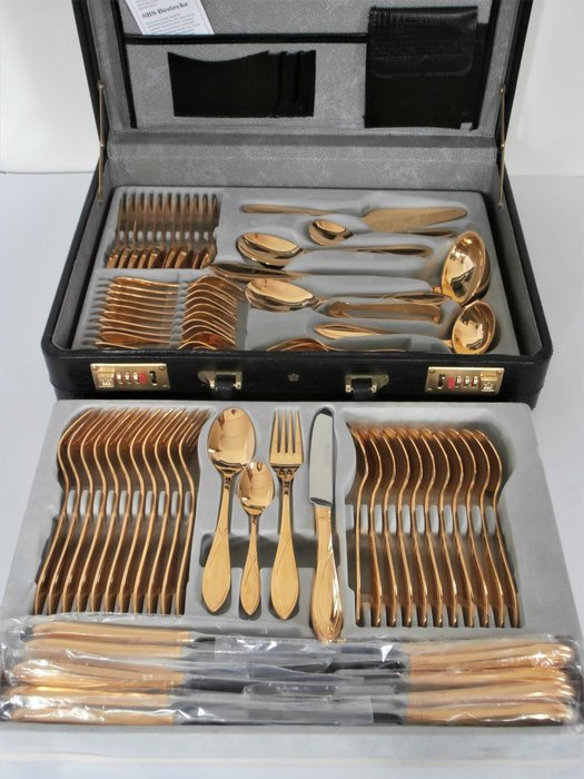 Solingen, model Christina Royal - Beautiful 12-person cutlery set, 70 pieces in suitcase - 23/24 carat gold plated