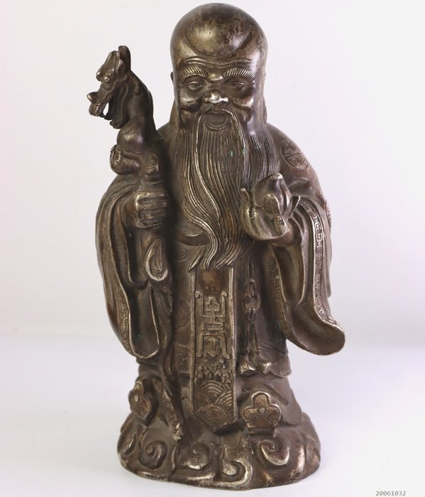 posąg Mędrca z laską smoka - Brązowy - Chiny - Late 20th century
