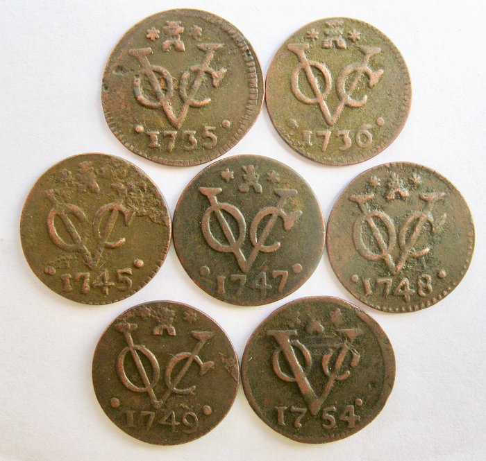 荷蘭印度裔-Zeeland - VOC Duiten 1735, 1736, 1745, 1747, 1748, 1749 en 1754 (7 verschillende)