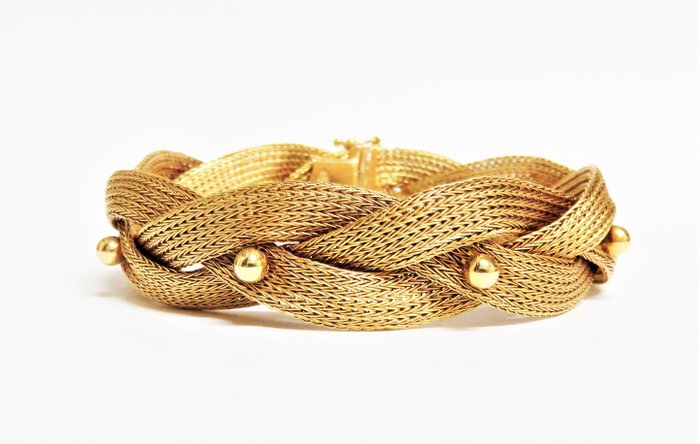 18 克拉 黃金 - 編織網狀編織手鍊，意大利