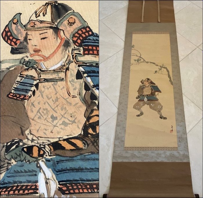 'Samurai Warrior': antiguo e impresionante rollo colgante japonés original - Pintado a mano en seda - Japón - Primera mitad del siglo XX