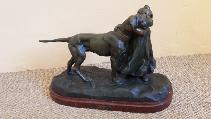 Lugli Salesio (1869-1936) - Skulptur, Barnet og hunden - Bronze - Begyndelsen af det 20. århundrede