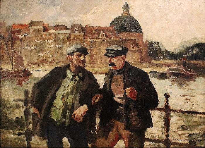 Cornelis de Bruin (1870-1940) - Portret van twee mannen met op de achtergrond de Koepelkerk te Amsterdam