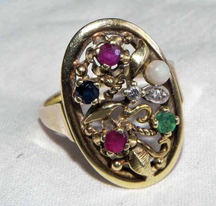 14 克拉 黃金 - 戒指, 裝飾藝術風格的蔬菜戒指585金鑽石祖母綠古董戒指 - 0.03 ct 鉆石