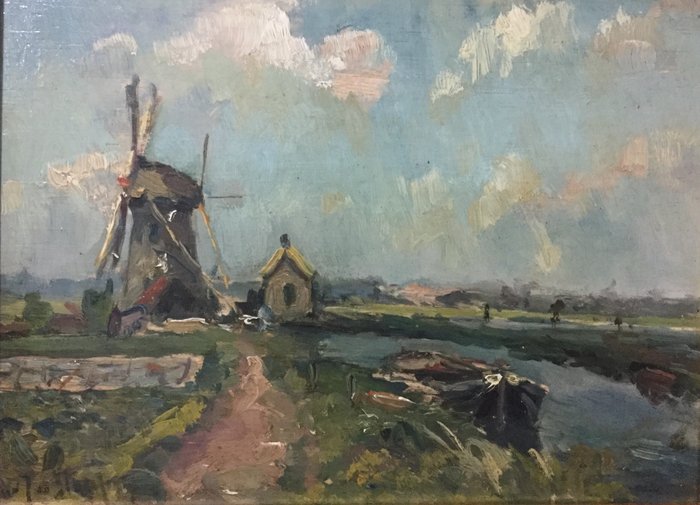 Johannes Jacobus (Jan Jaap) van der Stap (1874 - 1940) - Molen langs het water (omgeving Delft - 1907)
