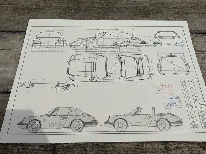 Dekoratives Objekt - Porsche 911 Targa 1967  Konstruktionszeichnung ARTprint - Porsche - 1990-2000