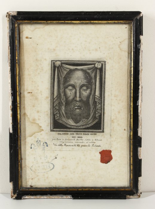 Relic / Reliquary "Veil of Veronica", Holy face of Jesus Christ, Vera Effigies Vatican + Document of - Linen - Second half 19th century