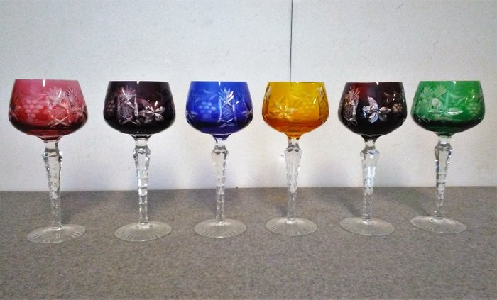 6 bicchieri da vino colorati in cristallo tagliati a mano - Cristallo