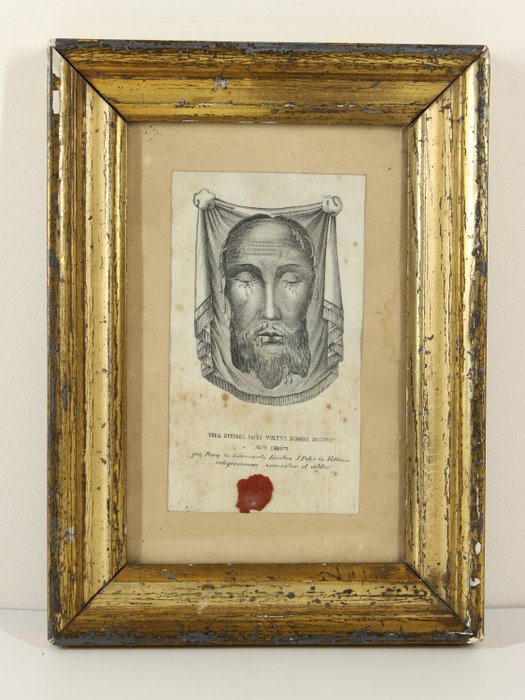 Relic / Reliquary "Veil of Veronica", Holy face of Jesus Christ, Vera Effigies Vatican - Linen - Second half 19th century