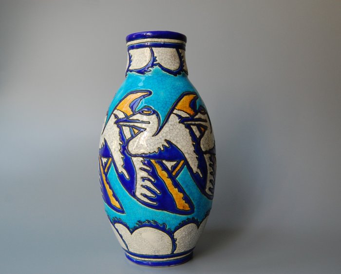 Charles Catteau - Boch Frères La Louviere - Art deco váza stilizált pelikánokkal - D982