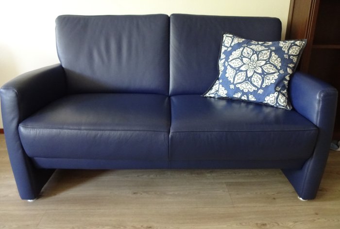 Cobalt Blue Leather Two Seater Sofa, Cobalt Blue Leather Sofa