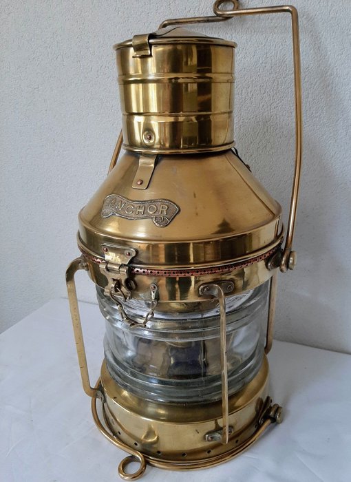 Schöne alte Schiffslampen-Ankerlampe - Glas, Kupfer, Messing - Erste Hälfte des 20. Jahrhunderts