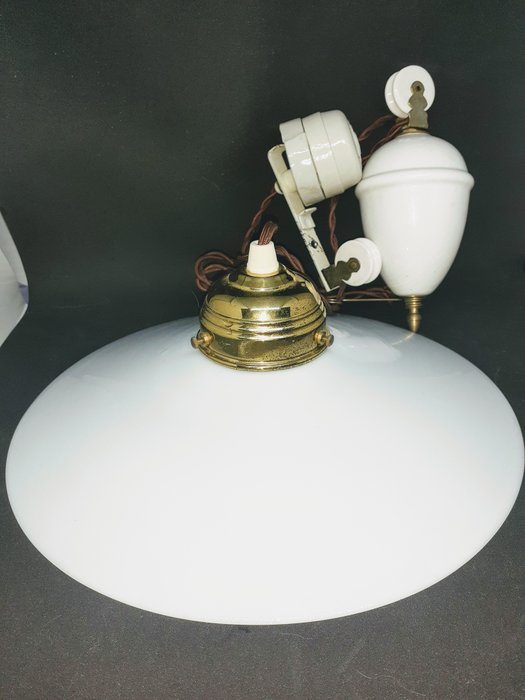 Ancien lustre lampe suspension à poulie et contrepoids - Porcelaine, Opaline