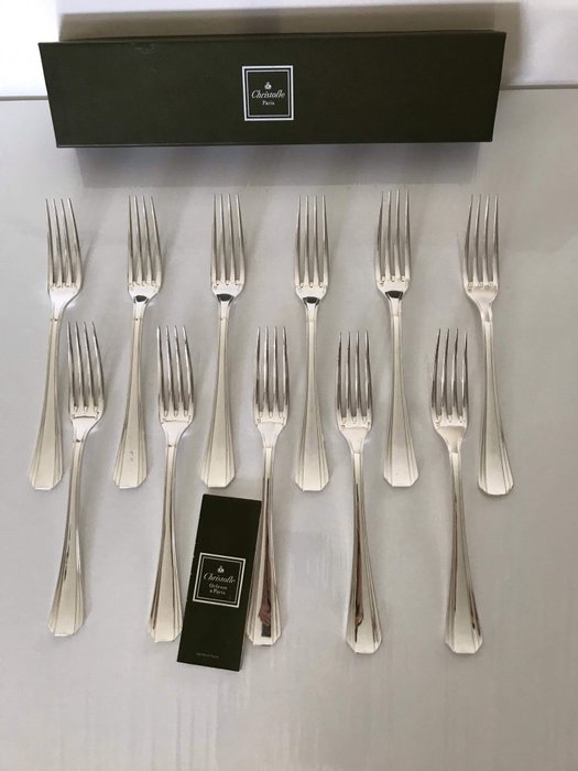Christofle - Luc Lanel - Garfo - Conjunto de 12 garfos de jantar Art Déco, modelo Boréal - Banhado a prata