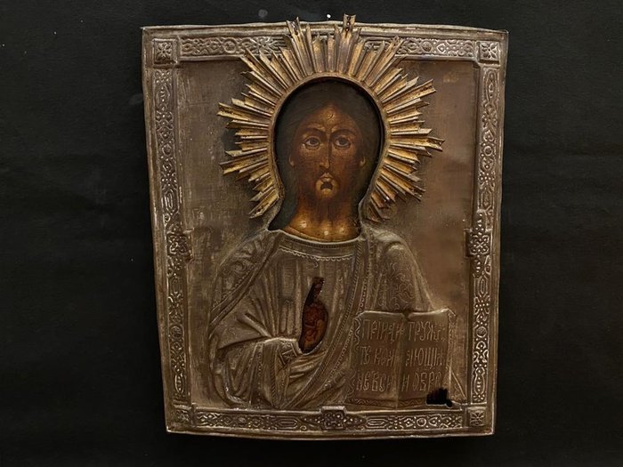 Ícone do russo antigo representando o Cristo abençoado "Pantocrator" - Madeira - Início do século XIX
