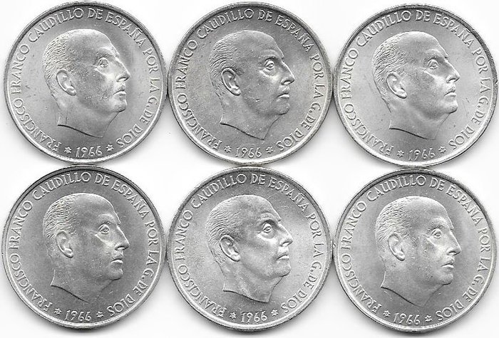 Spain. Estado Español- 100 pesetas 1966 *19-67,  (6 monedas)  Plata  SC