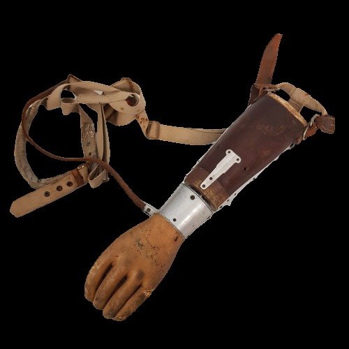 Hugh Steeper - Antike Armprothese / künstlicher Arm mit Grifffunktion ca. 1930 - Aluminium, Holz, Leder