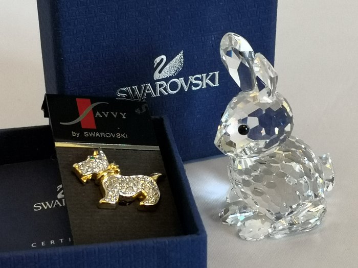 Swarovski - Hund Scottie Terrier Brosche + Swarovski sitzendes Kaninchen (2) - Goldenes Metall und Kristall
