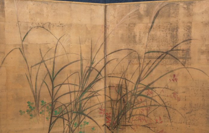 Byobu, Kamerscherm – zijde op bladgoud – elegant 6 panel roomdivider with a subdued, but also expressive floral Rinpa style painting. – Japan – Meiji periode (1868-1912)