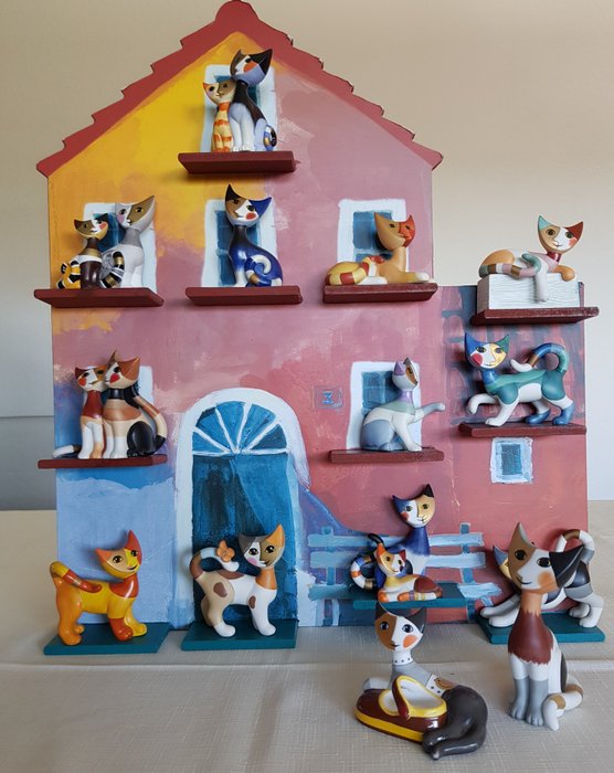 Rosina Wachtmeister - GOEBEL - Figurine(s), Maison de chats (15) - Expressioniste - Porcelaine, Porcelaine biscuit