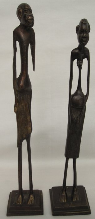 Bronze African statues of man and woman (2) - Bronze (gilt/silvered/patinated/cold painted)
