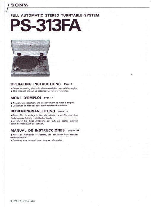 Stereo Turntable System  Operating Instruction Sony PS-313FA USER MANUAL 