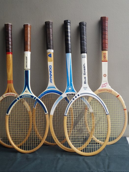 老式木制网球拍，包括Spalding，Dunlop Rucanor， (6) - 木材，包括胡桃木