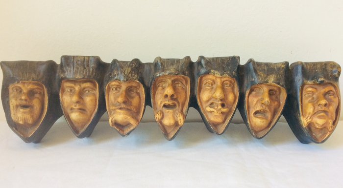 Rare antique pipe rack referring to "The Seven Deadly Sins" Fathers Heads - plaster / stone