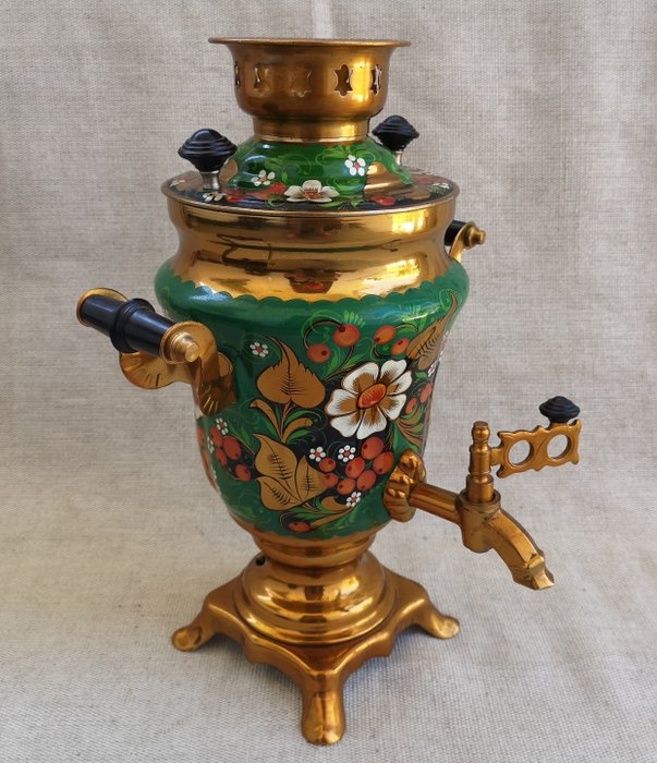 Old, Original Collectible Russian Samovar with Enamel and Painted Case. - Brass, Enamel