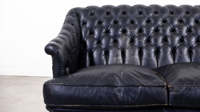 Chesterfield Style Black Leather Sofa, Black Leather Sofa With Silver Studs