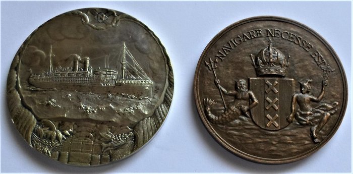 Holanda - 2 x penning 1920 50–JARIG BESTAAN STOOMVAART-MAATSCHAPPIJ J.C. Wienecke + 125 jarig bestaan KNSM 1856 - 1981 - Bronze prateado e bronze