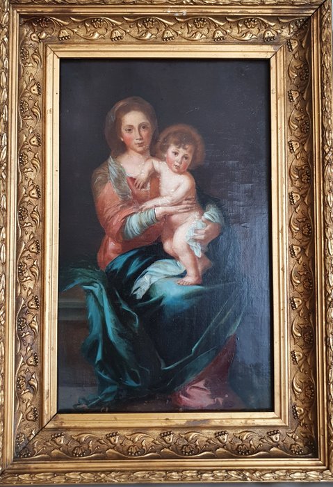 "Madonna og barn Jesus" (en kopi fra Bartolomé Esteban Murillo) - Oljemaleri på lerret - Sent på 1800-tallet
