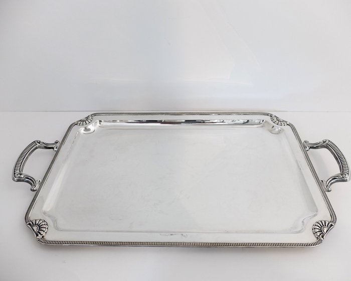 Tray, Large solid silver tray with handles (1) - .830 silver - Belgium - Mid 20th century