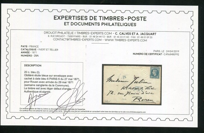 Frankrike 1871 - Sjeldent brev sendt fra Paris 27. mai 1871 under Kommunens blodige uke