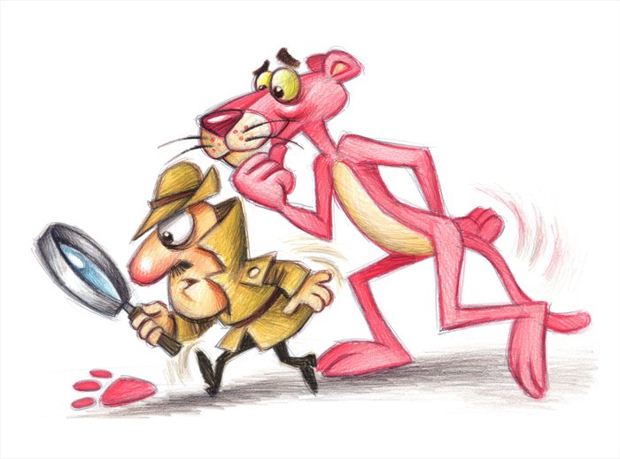 The Pink Panther & Inspector Clouseau - Shhhh! Footsteps - Signed Giclée - Joan Vizcarra - På lerret