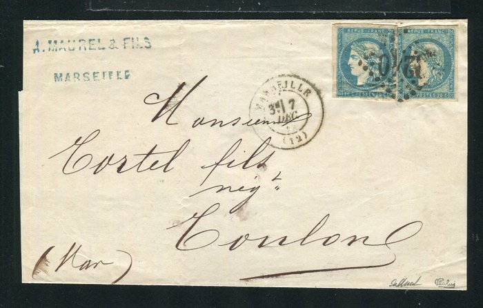 Frankreich 1870 - Rare lettre de Marseille pour Toulon avec deux n° 44A - Signé Calves