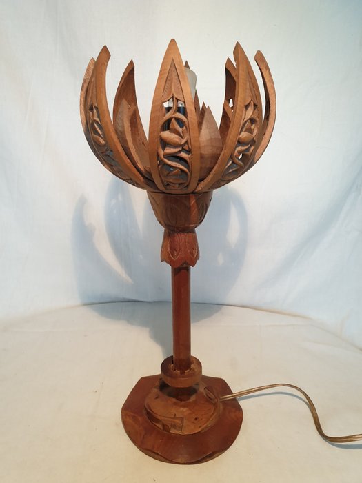 Wooden Vintage Lotus Lamp Wood Catawiki, Carved Wooden Lotus Flower Lamp