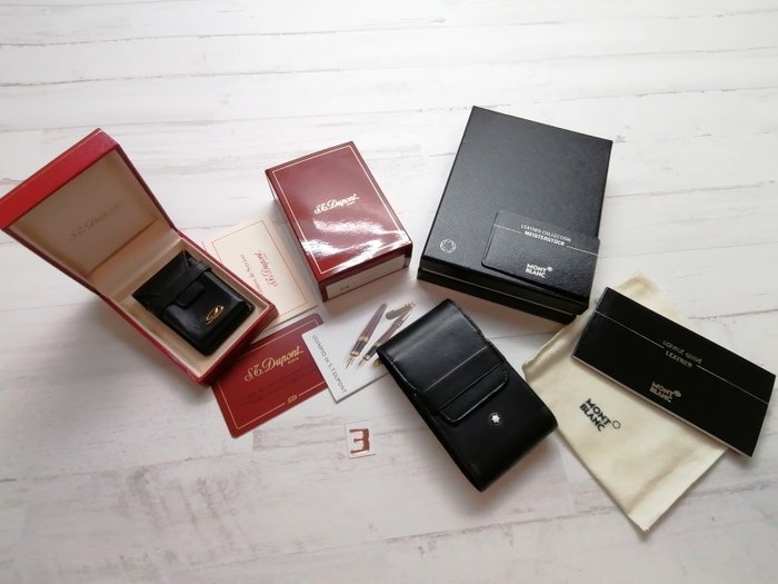 Montblanc + dupont - caixa de isqueiro de couro + caixa de cigarro de couro