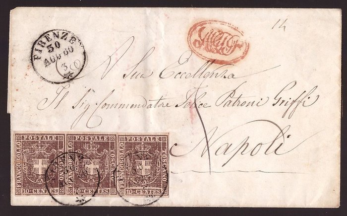 Italiaanse oude staten - Toscane 1860 - 10 cents brown, strip of three on letter from Florence to Naples - Sassone N. 19
