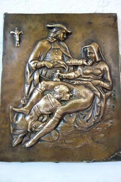 Belle plaque en bas relief de sujet érotique et religieux - Bronze - Fin du XIXe siècle