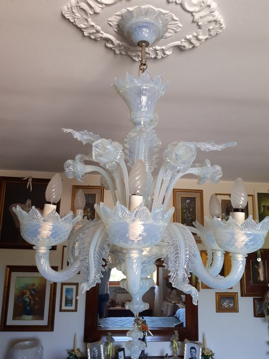 Hanglamp, Kroonluchter, Murano opalen kroonluchter 6 lampjes perfect - floreale