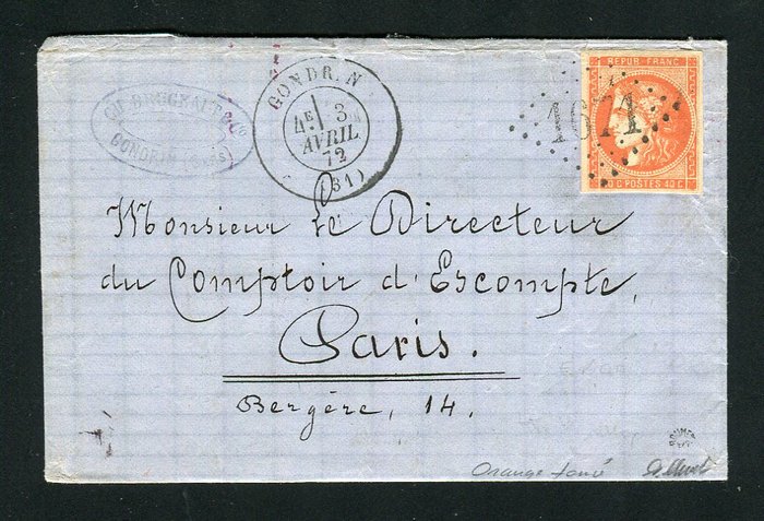 France 1871 - Rare letter from Gondrin bound for Paris with one dark orange No. 48 stamp - Signed Roumet.