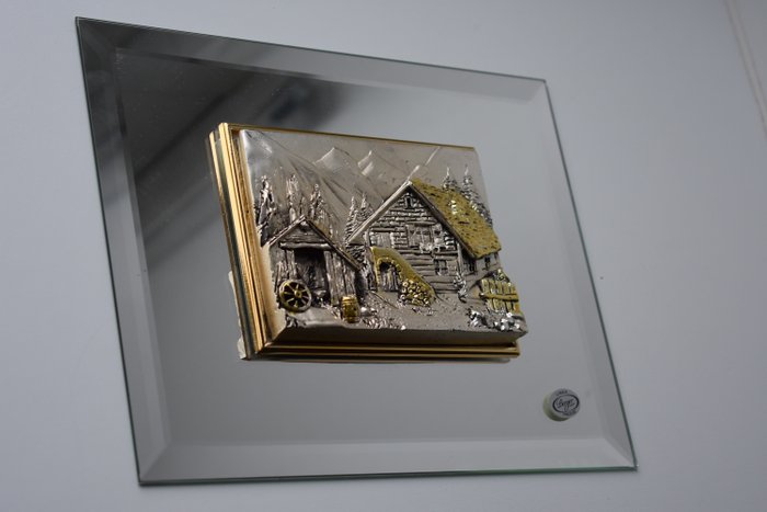 Berger - Linea Preziosi - schöne Plakette mit versilberter handgemachter ländlicher Szene auf einem Hintergrund des - versilbertes (vergoldetes?) Metall - Spiegelglas