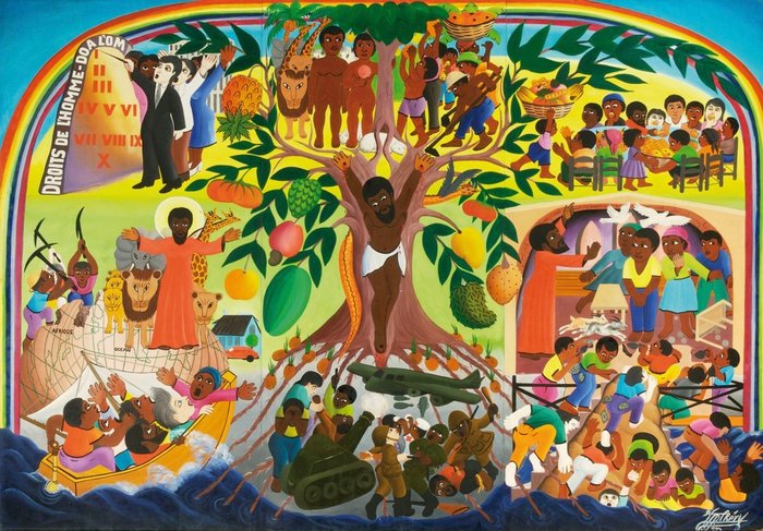 Tapeçaria do artista haitiano Jacques Chéry "O Evangelho da Árvore - Linho